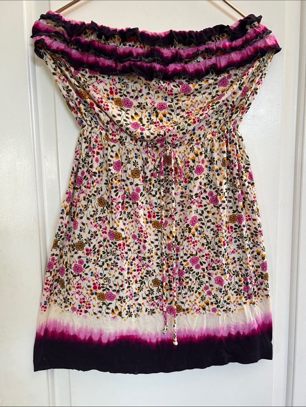 Strapless Floral Casual Dress in Pink and Burgundy Trim